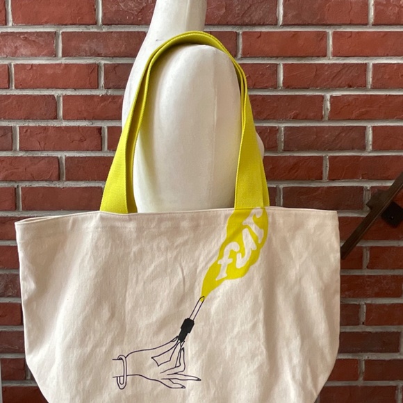 •Cotton Graphic Shopping Reusable Large Cream YellowTote NWOT - Picture 2 of 11